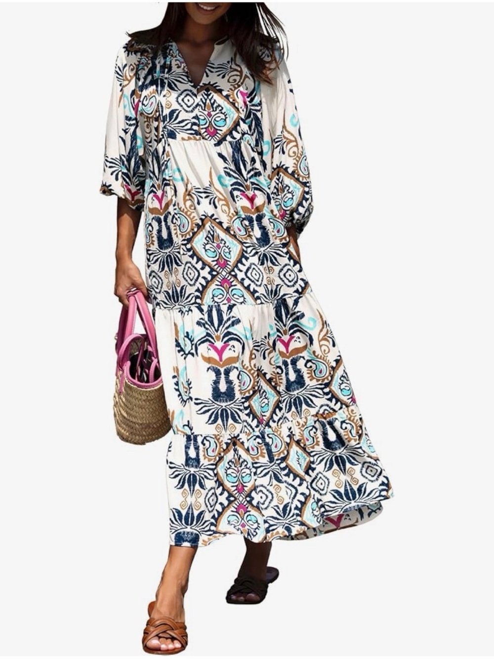 Boho Floral Print Maxi Dress in Ivory with Teal & Navy